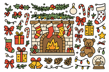 Naklejka premium Festive Fireplace Doodle. Holiday cheer. Hand-drawn doodle illustration Christmas stockings (colored), fireplace (colored), mantel (colored), candy canes