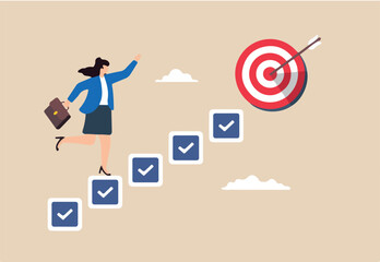 Flat illustration of smart businesswoman walk up checklist staircase to achieve bullseye target symbolizing personal development for career success