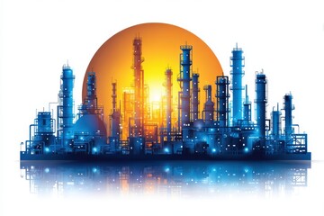 Obraz premium Industrial complex silhouette glows brightly against a setting or rising sun disk
