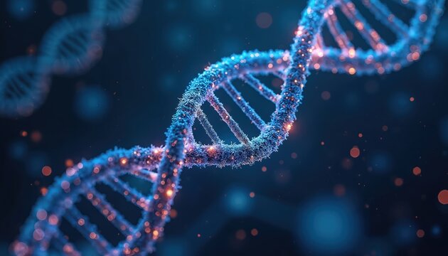 DNA double helix with glowing blue and pink lights. Genetic material with twisted strands. Biotechnology and genomics concept. Biocomputing for personalized healthcare solutions.