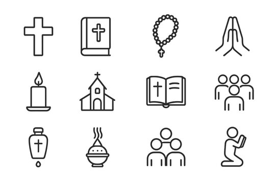 Catholic Fellowship Icons. Catholic fellowship. Line icon set of Catholic fellowship: cross, Bible, rosary, praying hands, candle, church, prayer book, choir,