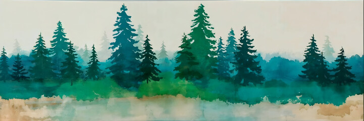 Watercolor Horizontal illustration of towering evergreens, soft mist, and serene natural beauty - tranquil forest landscape