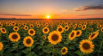 sunflower field, golden hour, vibrant colors, dramatic sky, scenic landscape, beautiful sunset, serene countryside, natural light, lush greenery, tranquil atmosphere, picturesque scenery, breathtaking