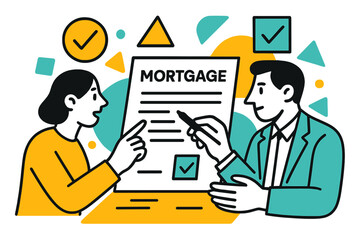 Mortgage Contract Review. Mortgage Paper. Hands pointing at a mortgage contract with floating abstract geometric icons and checkmarks, careful review and