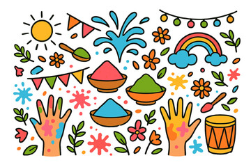 Naklejka premium Colorful Festival Celebration. festival powders. Colorful Hand-drawn doodle Children illustration festival powders bowls, colored powders, hands, spoon,