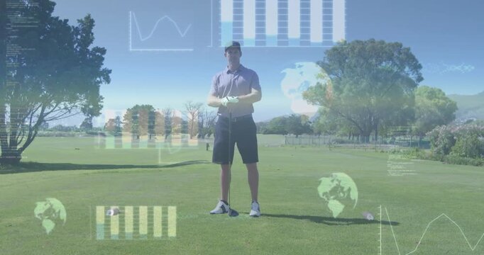 Male golfer standing on tee box, AR charts and graphs fading in around him showing metrics - Powered by Adobe