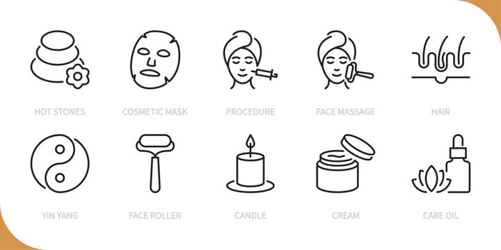 Beauty & spa salon line icon set. Hot stones, cosmetic mask, procedure, face massage, hair, yin yang, face roller, candle, cream, care oil sign. Vector illustration. Editable stroke. Flat design.
