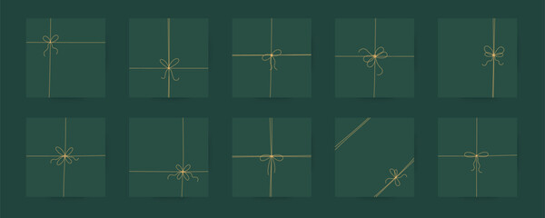 Outline tie bow with gift, present box. Simple vector card, poster designs on green. Ribbon bowknot for box, package, decoration design