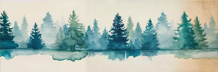 Misty Cool Tones Landscape Illustration Featuring Soft Pine Trees and Fog - sFoggy background