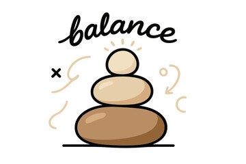 Pebble Balance Art. Pebble ? Balance Stack. Three stones arranged from large to small; faint glow around the top pebble. Caption ?balance? curves like a