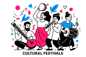 Obraz premium Vibrant Cultural Performance. Cultural Festivals. Group of musicians performing with traditional instruments and floating abstract geometric shapes, festive