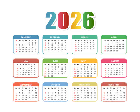 2026 colorful annual calendar template a printable design