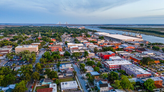 Aerial landscape of coastal downtown Brunswick city summer sunset in southeast coast of Georgia