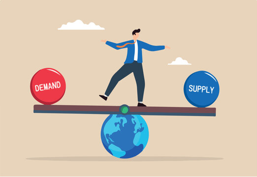 Go to Page
|Prev1234Next
Flat illustration of businessman balancing demand and supply on globe seesaw symbolizing global economic equilibrium
