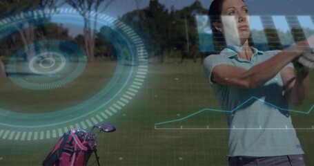 Golfer lifting driver into backswing, finishing swing with rings providing golf swing metrics - Powered by Adobe