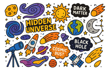 Fototapeta premium Cosmic Doodle Adventure. hidden universe. Colorful Hand-drawn doodle Children illustration hidden universe dark matter, galaxy, stars, planets, black hole,