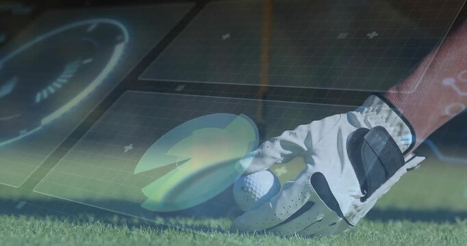 Entering right-side gloved hand placing golf ball on tee as AR club head rotating preparing shot