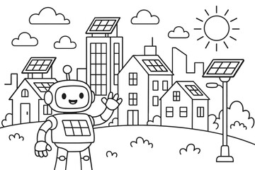 Naklejka premium Solar-Powered City Fun. Future of solar energy children?s coloring book illustration, outlined drawing, a happy city skyline with solar panels on rooftops,