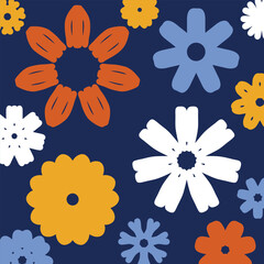 Vibrant abstract floral pattern with colorful flowers and leaves on a dark background.