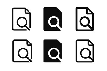 Credit Report Icons. Person Reviewing Credit Report. Set Logo of Magnifying Glass on Document: Minimal outline, Filled silhouette, Abstract geometric, Negative