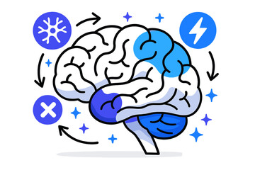 Fototapeta premium Brain Disorder Illustration. Brain disorders and conditions. Abstract illustration of brain disorders showing affected regions with floating neural icons,