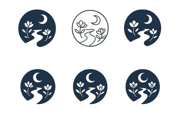 Moonlit Blooms Logo Grid. Stream with blooming flowers. Set Logo of Stream with blooming flowers: Moonlit stream with night-blooming flowers and subtle