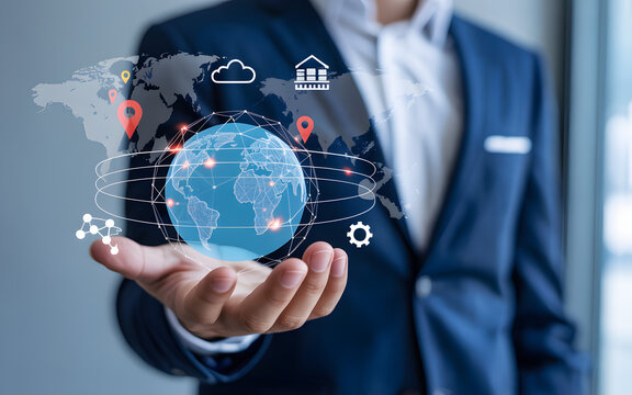 global business network with digital world map and icons in hand
