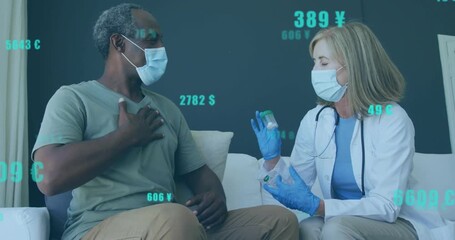 After patient touching chest, doctor demonstrating dose with vial amid floating currency icons - Powered by Adobe