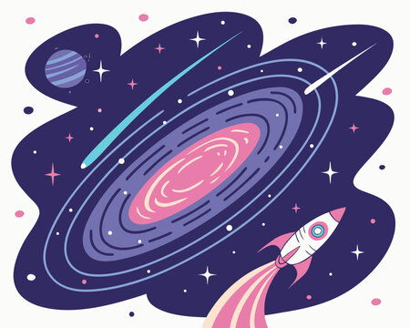 A cartoon rocket ship soars through a colorful galaxy