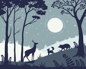 A wolf howling at the moon in a forest with a cat on a tree branch