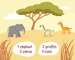 Cartoon african savanna landscape with elephant, giraffe, zebra and acacia tree