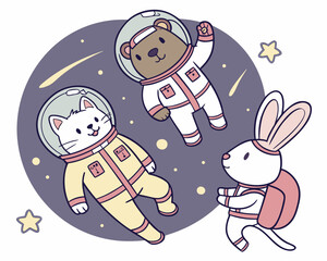Cartoon animals in space suits with stars