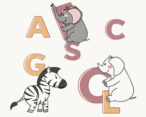 Cartoon animals with alphabet letters illustration