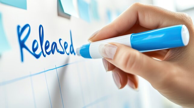 A hand holding a blue marker and writing the word released on a whiteboard with a faint graph and sticky notes, signifying the completion of a project or product launch