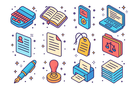 Court Reporting Icons. Court reporting and documentation. Colorful isometric vector icons set of Court reporting and documentation: stenography machine, open