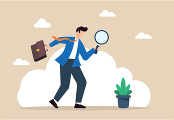 Flat illustration of businessman uses magnifying glass to search for job vacancies finding resources for career development