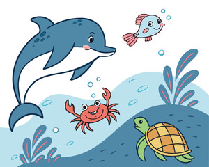 Cartoon sea life featuring a dolphin, fish, crab, and turtle underwater