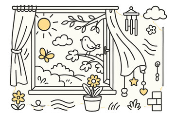 Nature's Window View. Nature view. Hand-drawn doodle illustration open window (colored), curtain (colored), sunlight (colored), breeze lines (colored), tree