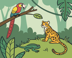 Colorful illustration of a jungle with a parrot, lizard, and a jaguar