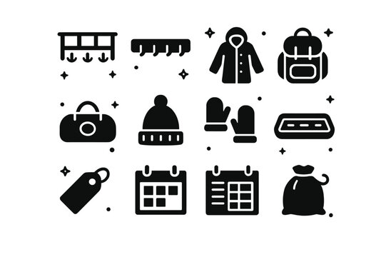 Icons of Mudroom Essentials. Mudroom storage with hooks. Solid icons set of Mudroom storage with hooks: cubby shelf, hook strip, raincoat, school backpack,
