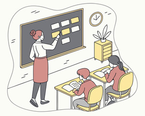 Illustration of a teacher in a classroom with students and sticky notes