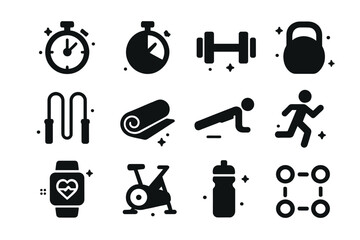 Obraz premium Interval Workout Icons. Interval Workout. Solid icons set of Interval Workout: stopwatch, timer, dumbbell, kettlebell, jump rope, yoga mat, push-up, person