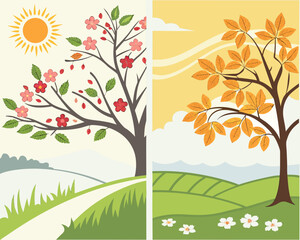 Illustration of four seasons with trees, flowers, sun, and clouds in nature