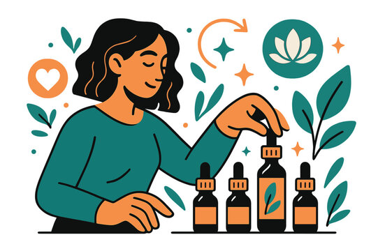 Mindful Aromatherapy Selection. Aromatherapy oils. Person selecting essential oils from collection with abstract floating icons, leaves, and sparkles; conveys