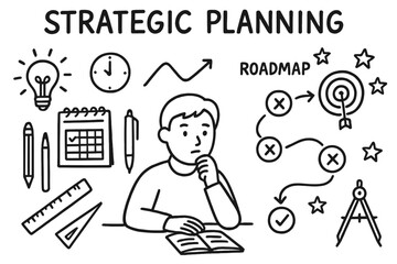 Strategic Planning Icons. Strategic Planning. Hand-drawn doodle illustration Strategic Planning roadmap, person planning, notebook, pencil, pen, arrows,