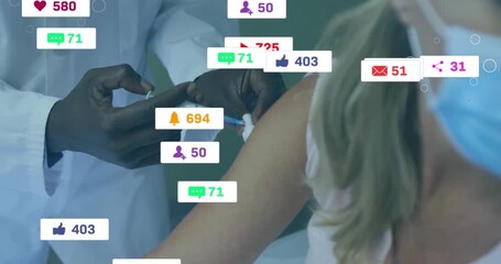 male provider pressing swab and aligning syringe on female patient arm showing rising health icons - Powered by Adobe