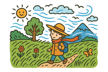 Naklejka premium Windy Meadow Adventure. windy meadow. Colorful Hand-drawn doodle Children illustration windy meadow person, tall grass, wind, mountain, clouds, sun, birds,
