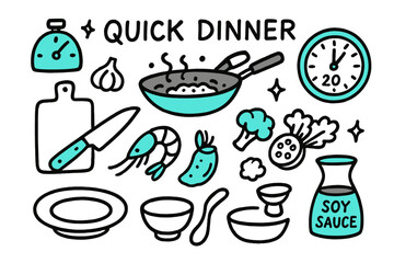 Quick Dinner Doodle. // Quick dinner. Hand-drawn doodle illustration Quick dinner [timer (accented), wok (accented), cutting board, knife (accented), garlic,