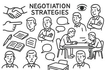 Negotiation Doodle Icons. Negotiation Strategies. Hand-drawn doodle illustration Negotiation Strategies handshake, pointing finger, crossed arms, nodding, eye