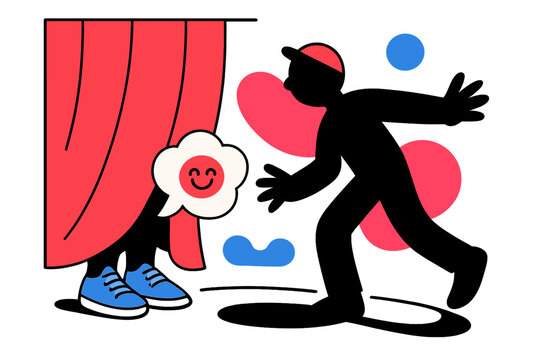 Peekaboo Behind Curtain. Behind the Curtain. A pair of shoes peek below a flowing drape; a giggle bubble floats like a tiny cloud. The seeker?s